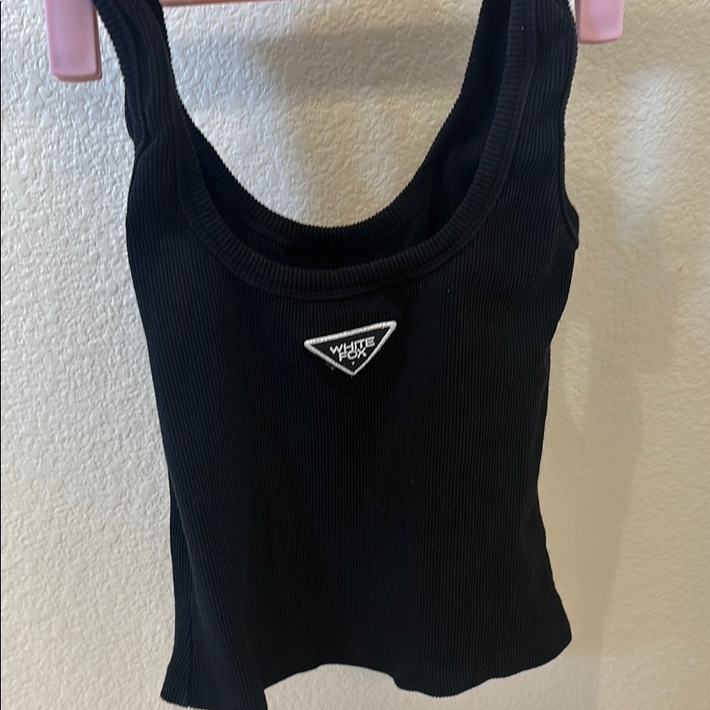 White Fox Logo Black Ribbed Tank Top